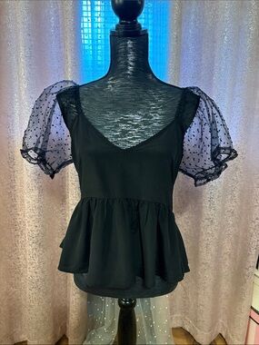 GB girls Black Peplum Top with Sheer Polka-Dot Puff Sleeves